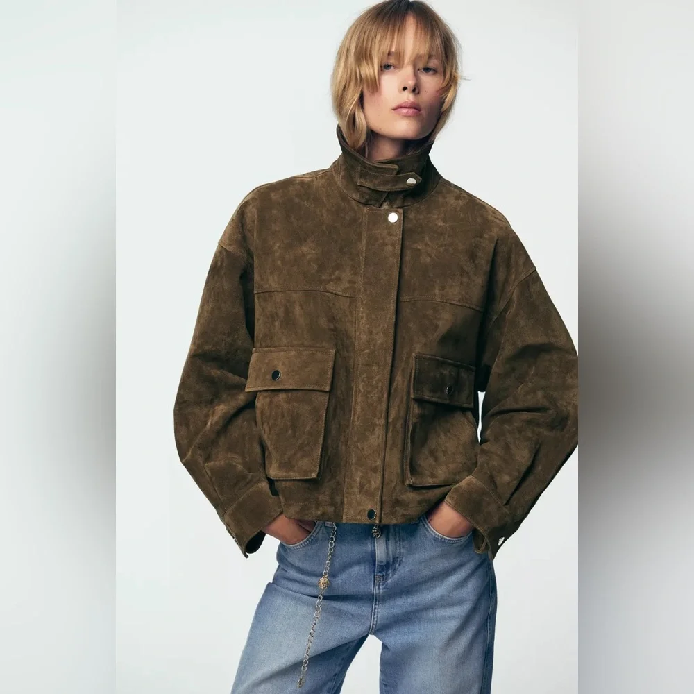Zara Olive Brown natural suede leather bomber jacket - Picture 5 of 11
